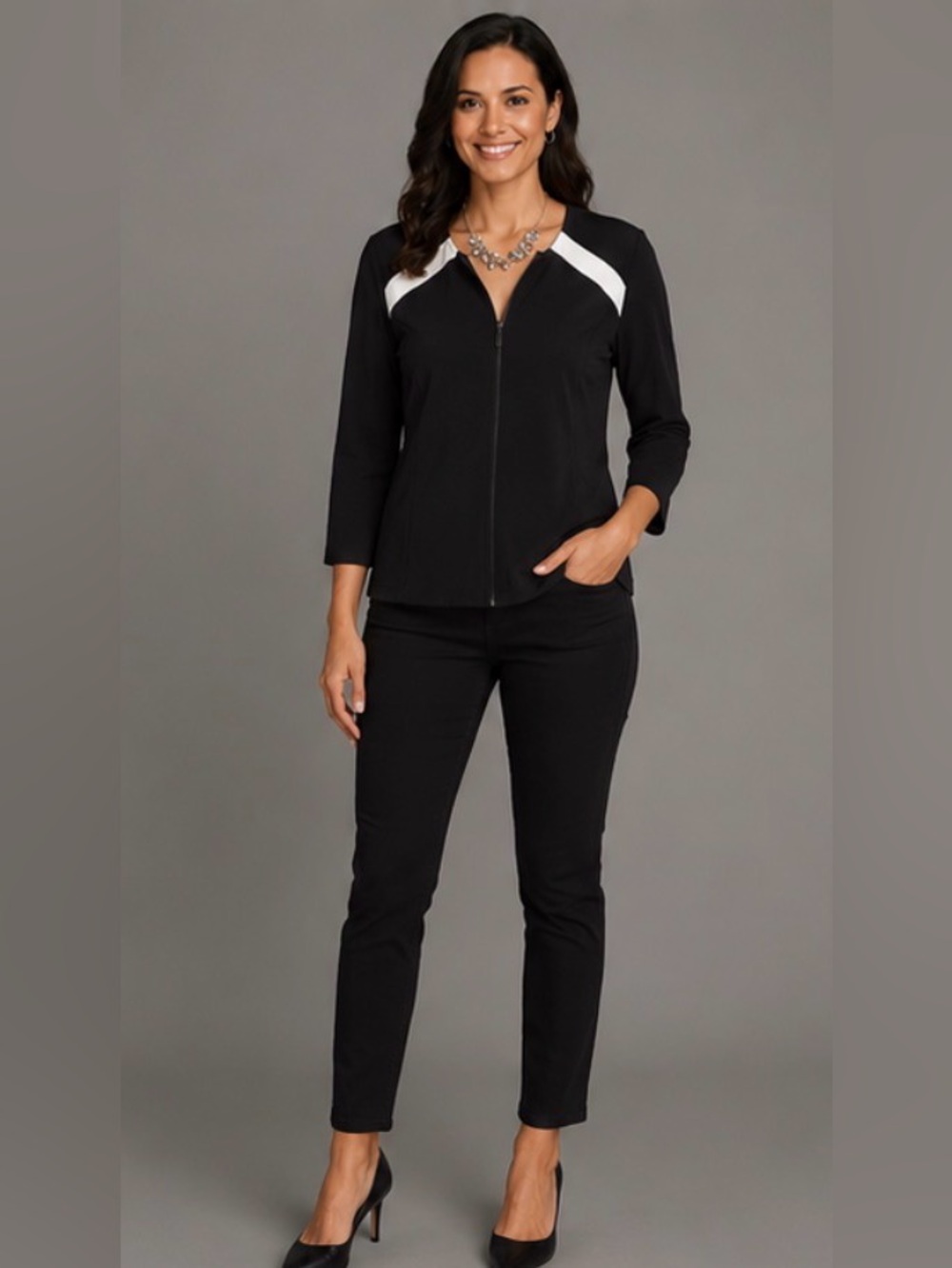 White House Black Market Zip Front Jacket Size 14 | Black & White Colorblock